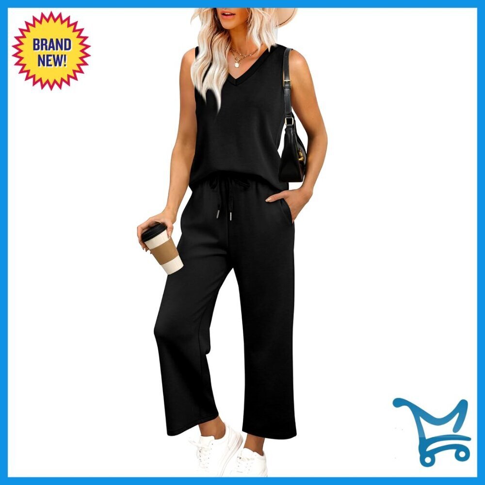 Two Piece Lounge Set V Neck Top Wide Leg Pants Comfortable Versatile Minimal